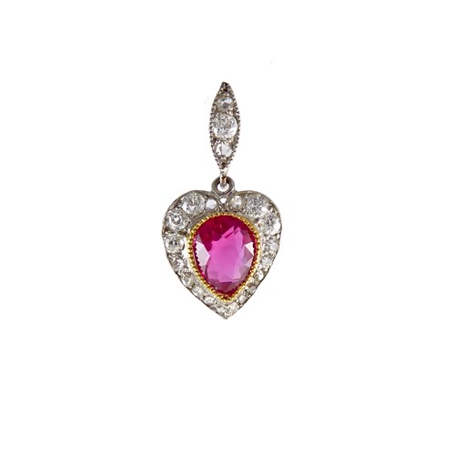 Early 20th century ruby and diamond heart cluster pendant, c.1910,